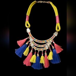 Boho bright tassel beaded bib statement necklace